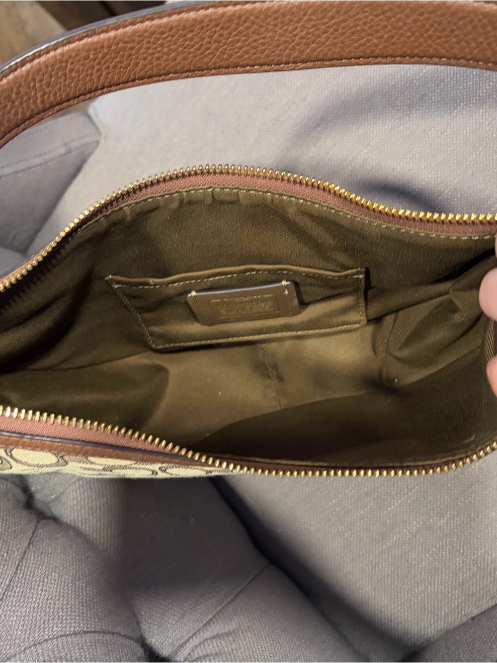 Coach Khaki Signature Crescent Shoulder Bag with Brown Trim - Picture 5 of 6